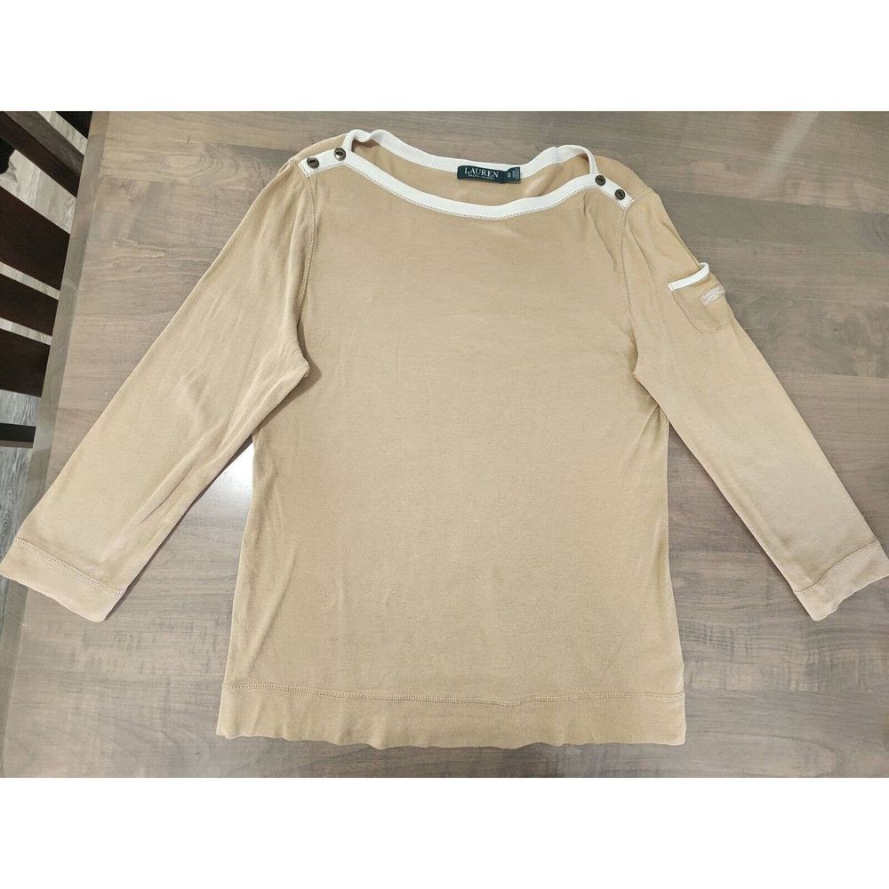 Lauren‎ Ralph Lauren Knit Top Tee Sz XL/TG Tan 100% Cotton 3/4 Sleeve Boat Neck